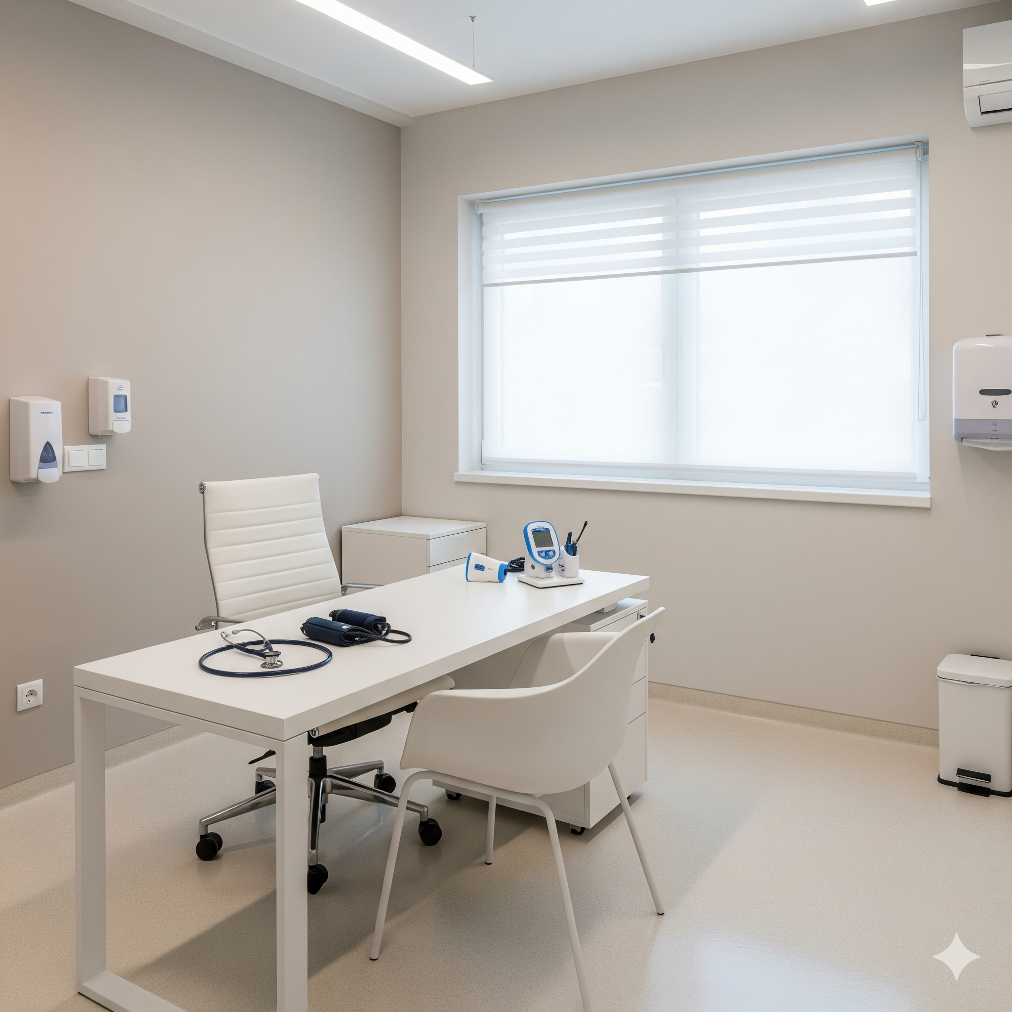 Modern ve hijyenik muayenehane odası, beyaz masa ve tıbbi cihazlarla donatılmış