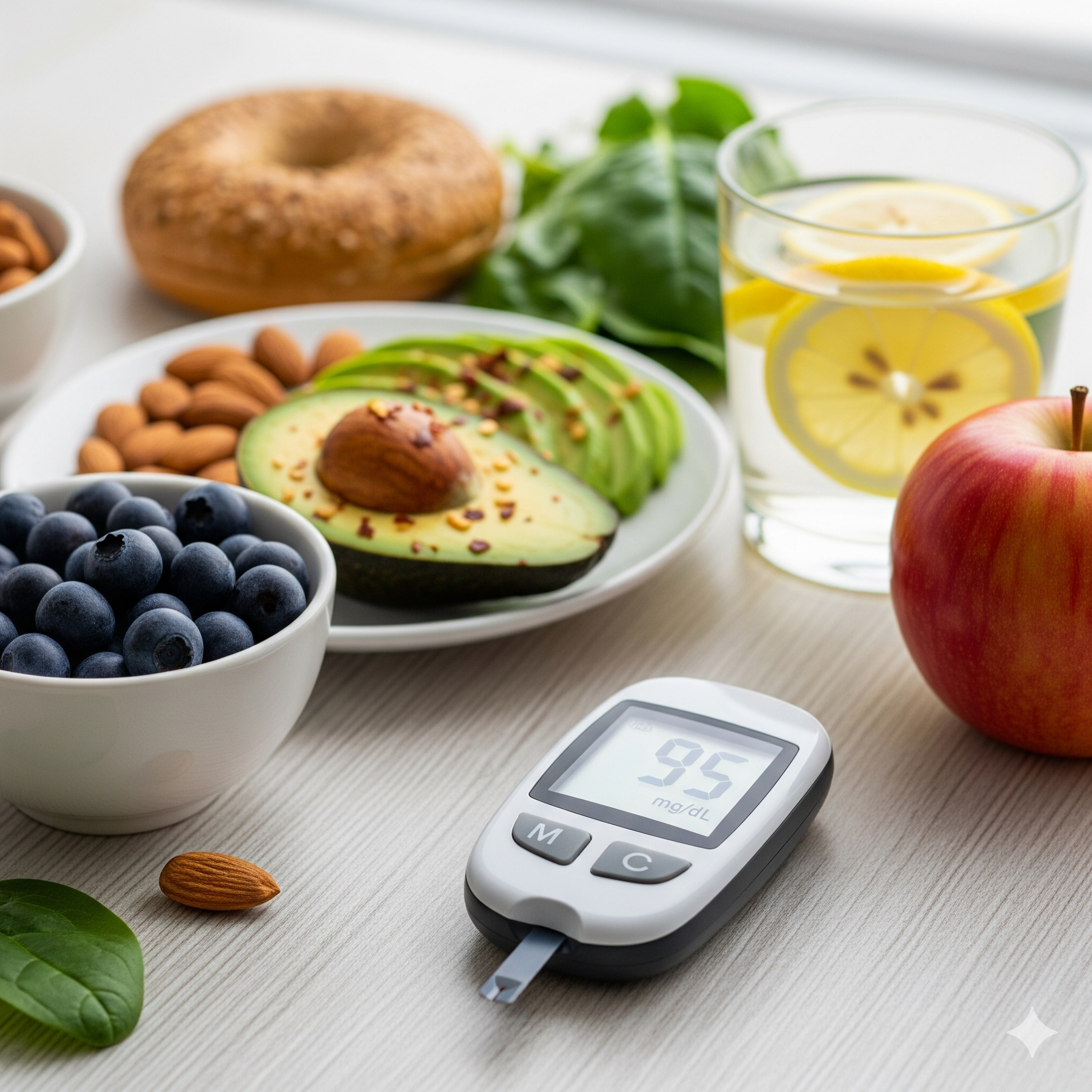 Diyabet hastalığı için kan şekeri ölçüm cihazı ve sağlıklı yiyecekler masada