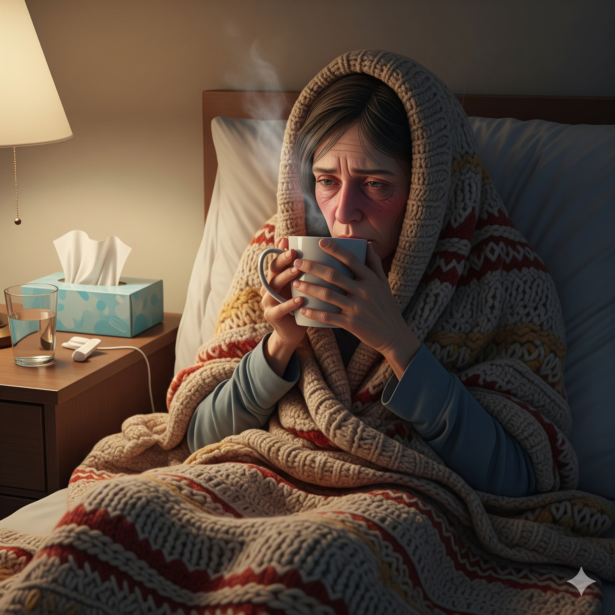 Soğuk algınlığı ve gribe yakalanmış bir hasta battaniyeye sarılmış ve sıcak içecek içiyor