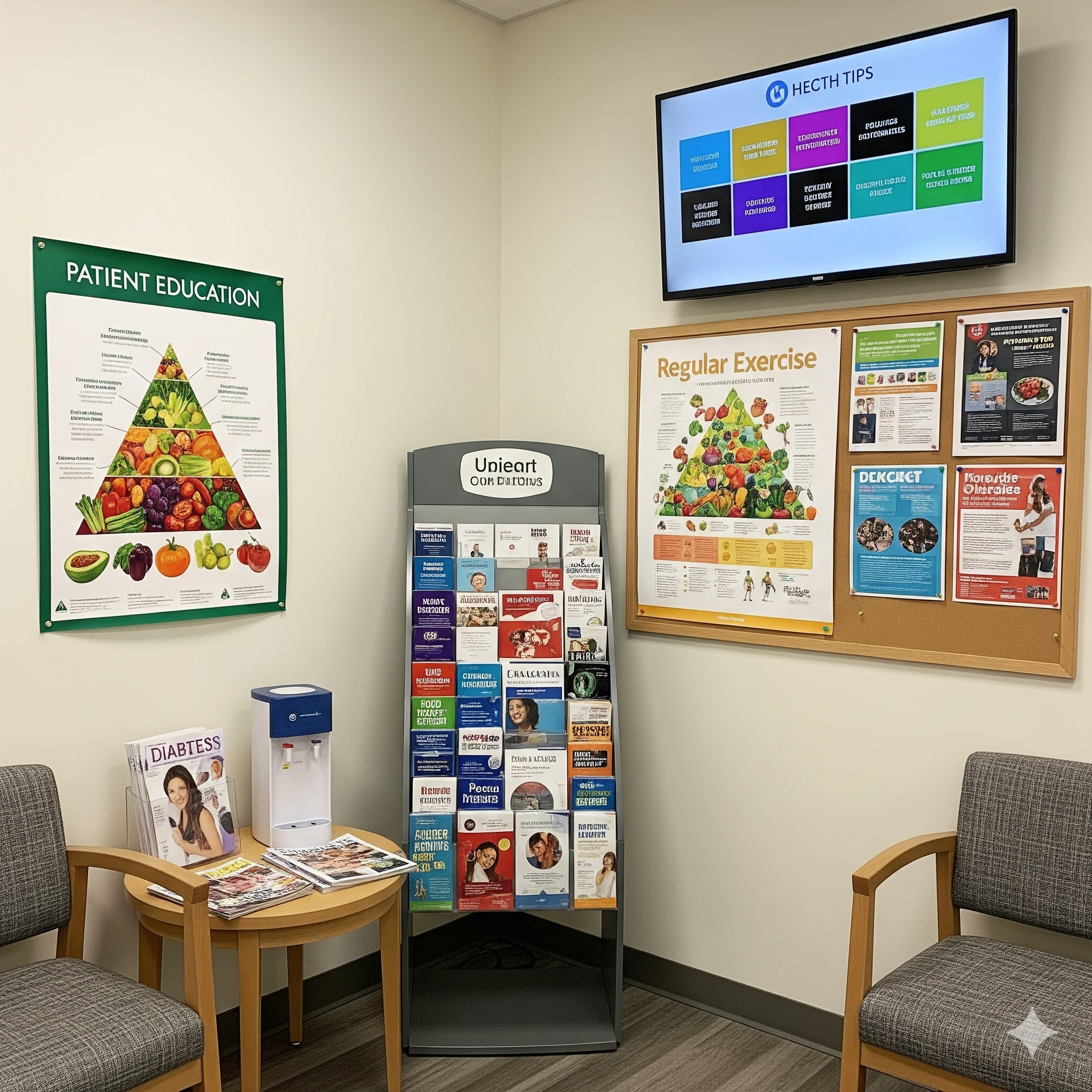 Hastalar için bilgilendirme köşesi, broşürler ve sağlık tavsiyeleri panosu